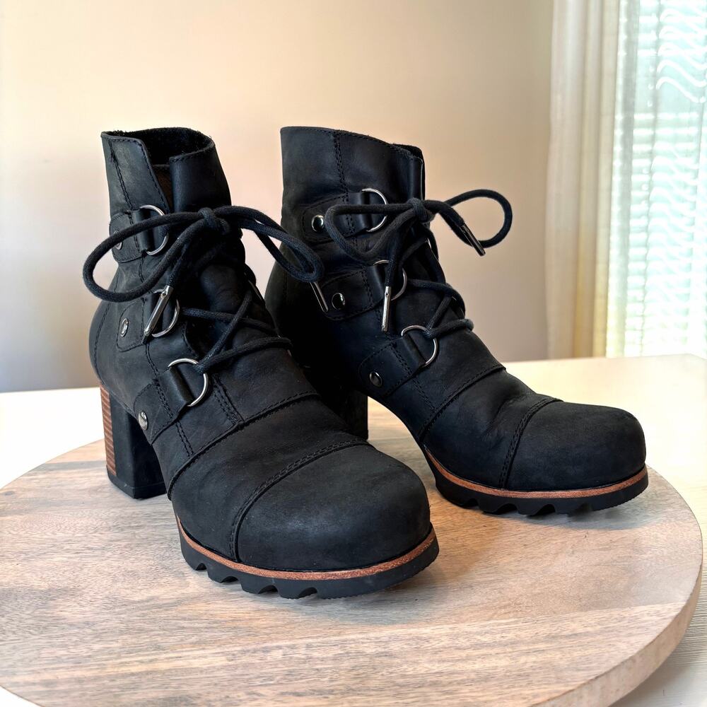SOREL Addington Boots Women's 8 Black Leather Waterproof Lace Up NL2360-010